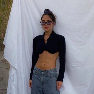 MIRROR PALAIS Navy Jersey 'Underwire Polo' Crop Long Sleeve Top